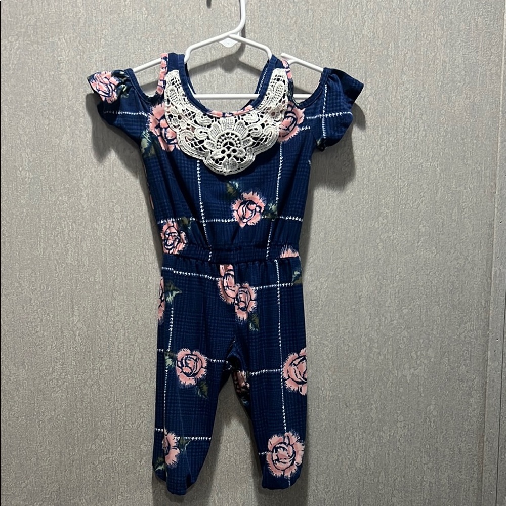 Blue Floral Bodysuit with Lace Collar and Puff Sleeves